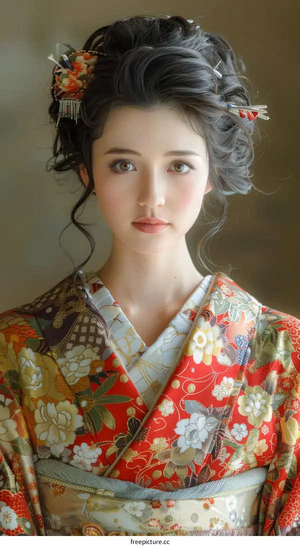 Portrait of a beautiful Japanese woman in traditional kimono