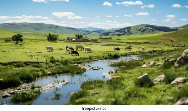 Herd of Dairy Cows Grazing in a Serene Pasture with a Flowing River