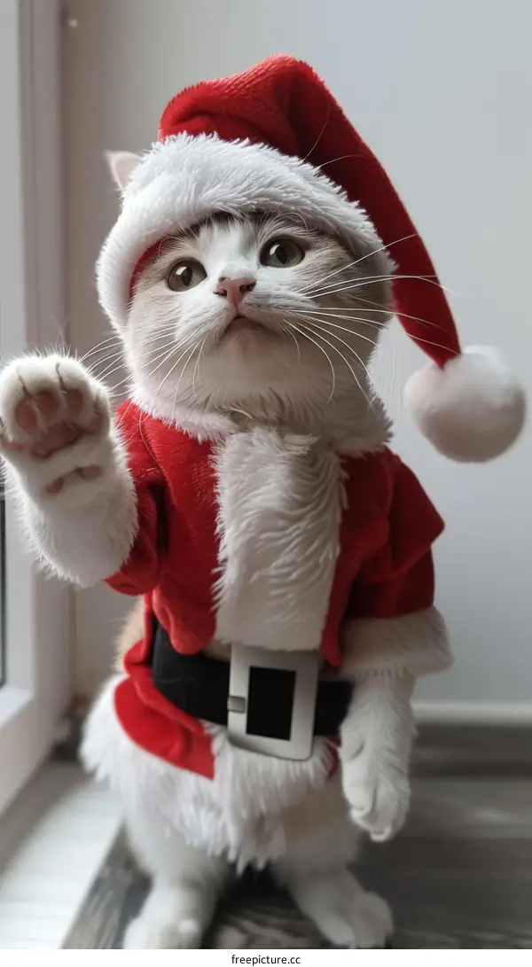 A cute cat wearing a Santa hat is sitting on the windowsill