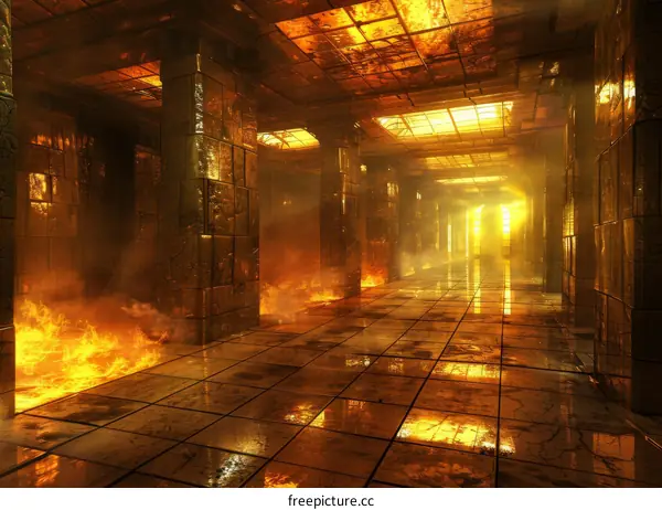 Futuristic Sci-Fi Corridor on Fire with Glowing Orange Fire