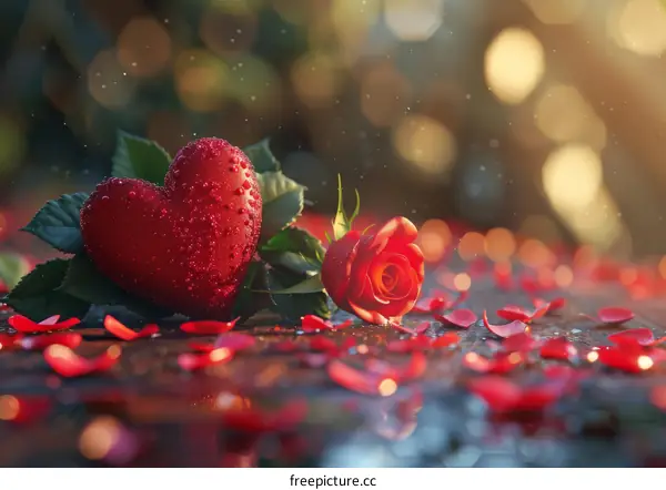 A Red Heart and a Red Rose on a Wooden Table with Bokeh Background