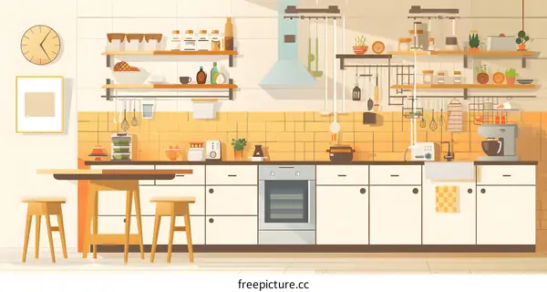 Modern Kitchen Interior Design with White Cabinets and Yellow Tiled Walls