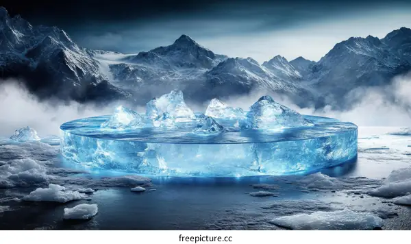 Frozen Ice Disc in Snowy Mountain Landscape