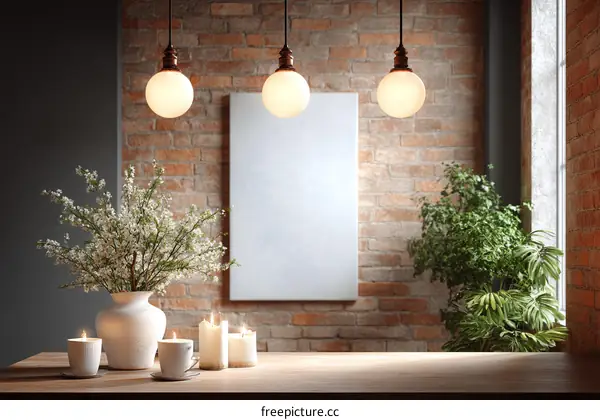 Rustic Interior Scene with Floral Arrangement and Candles