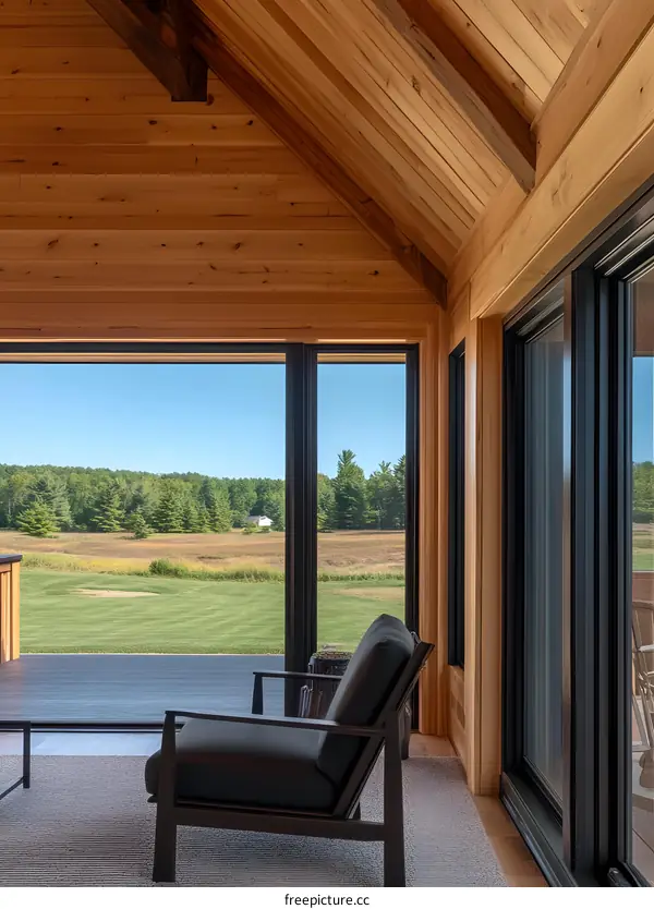 Modern Home Interior With Large Windows Offering View Of Green Grass Field
