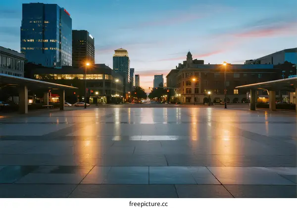Evening city square with modern buildings and reflections on the ground