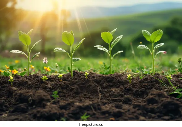 Tiny green plants growing in the soil with the sun shining in the background