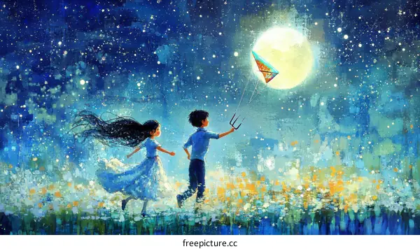 Two children running under the starry night