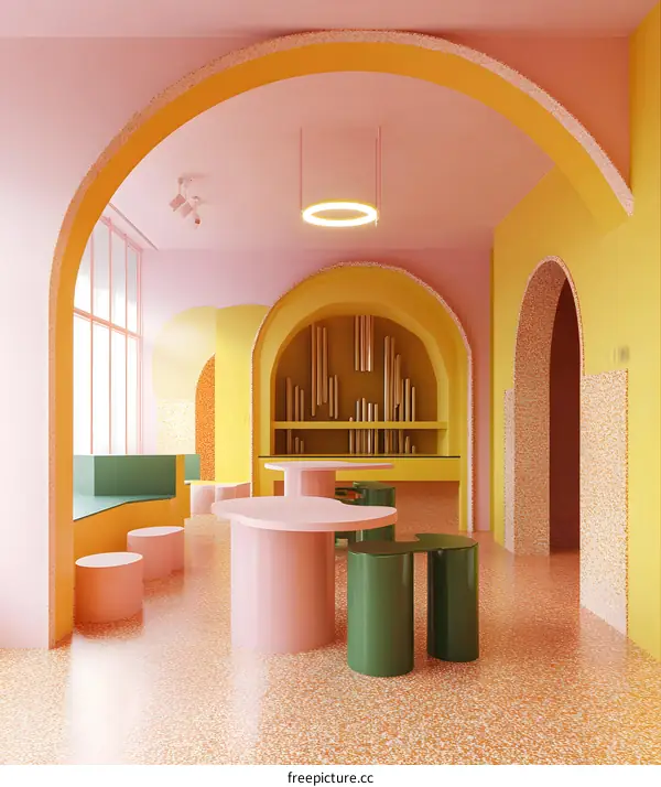 Abstract Interior Design with Archways and Colorful Furniture