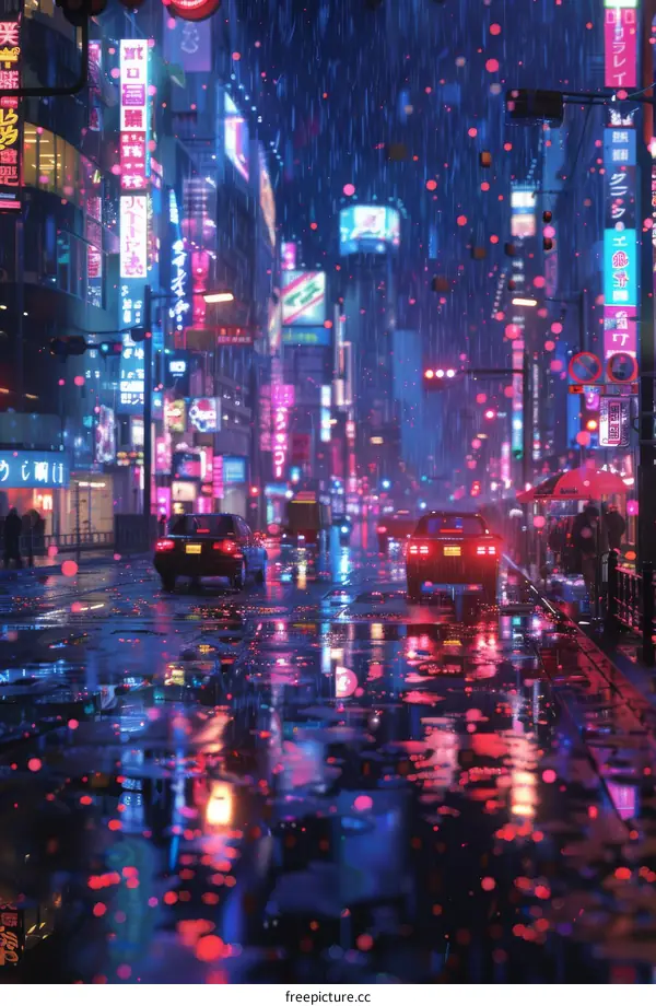 Rainy Night Neon Cityscape Illustration