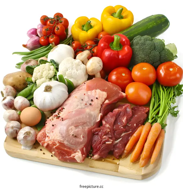 Fresh Vegetables, Meat and Egg on a Cutting Board