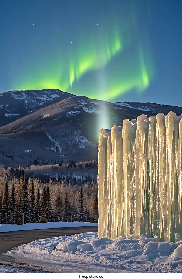 Aurora Borealis Over Mountains With Ice Icicles