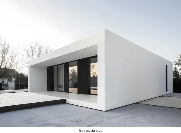 Modern Minimalist White House with Large Windows and a Stone Patio