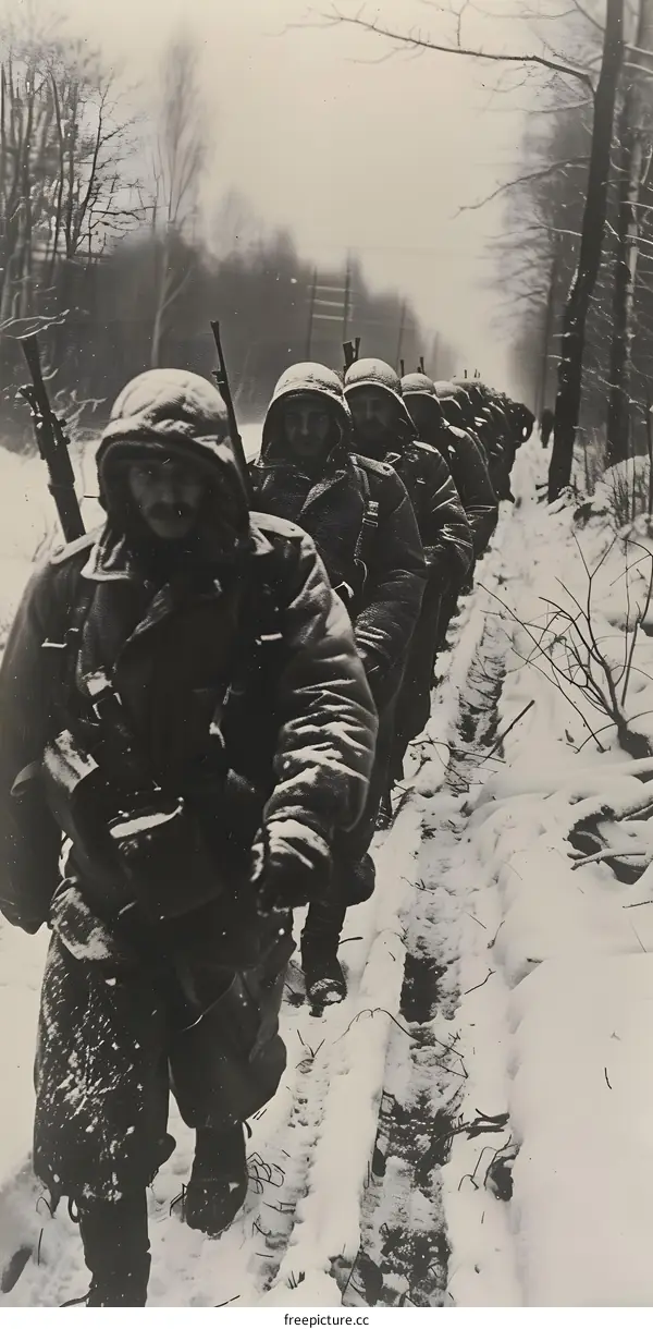 A group of soldiers walking through the snow in a forest during the Korean War.