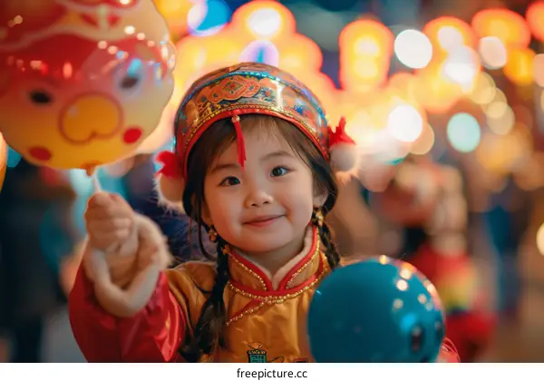 A little girl in a traditional Chinese dress holding a balloon