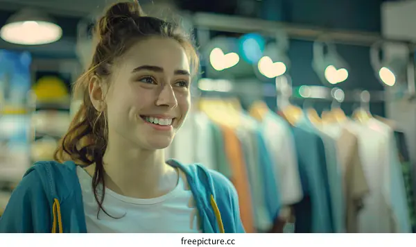 Smiling Woman Shopping for Clothes in a Boutique