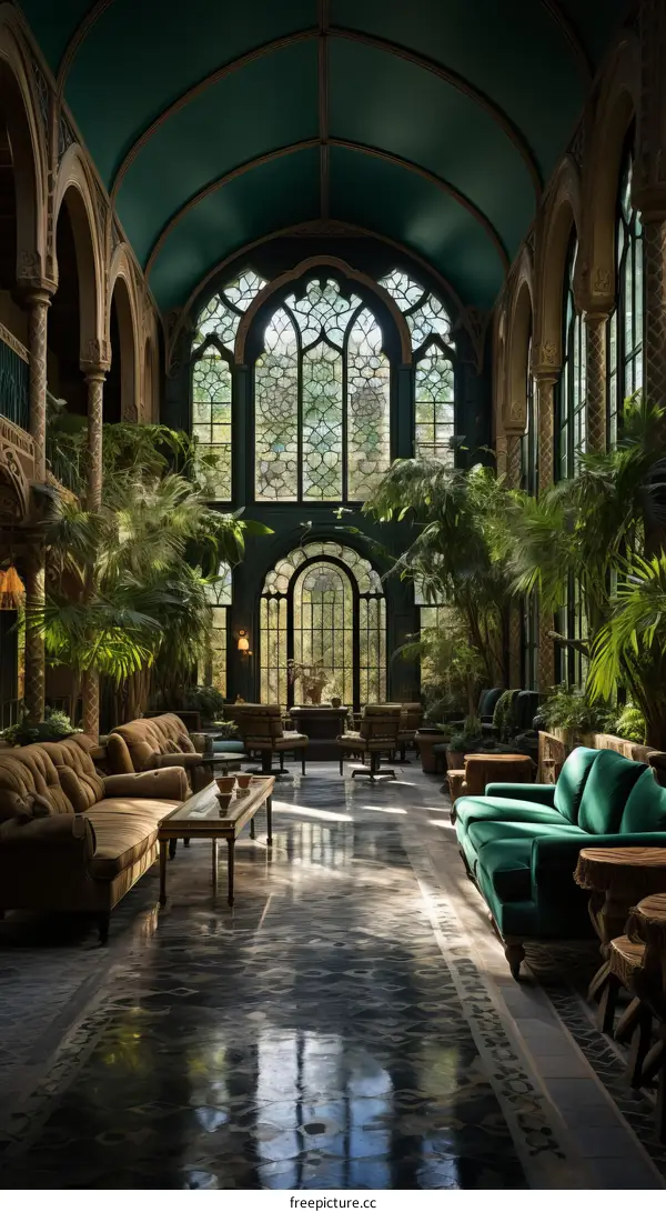Elegant Vintage Mansion Interior with Green Walls and Large Windows