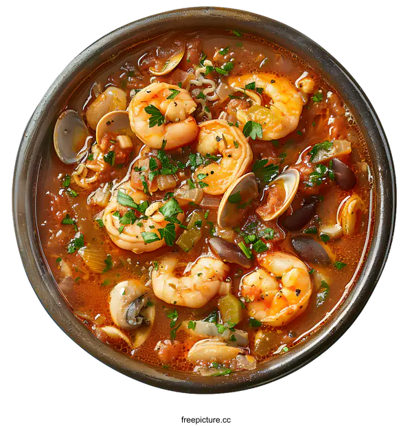 [Transparent Background PNG]A delicious bowl of seafood soup with shrimp, clams, and vegetables