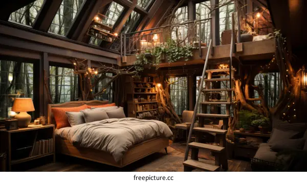 A cozy forest cabin with a bedroom and a living area