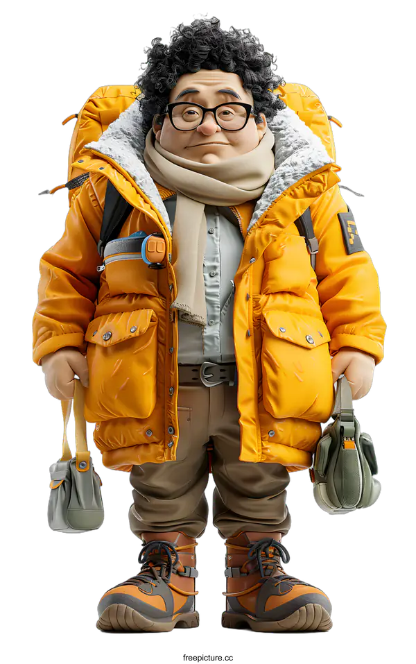 [Transparent Background PNG]A 3D rendering of a man wearing a yellow jacket and a scarf