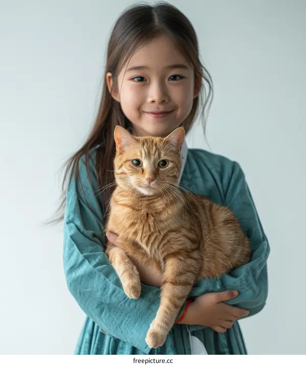 Asian girl hugging an orange cat