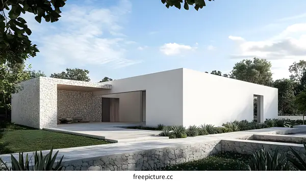 Modern Minimalist House with Stone Wall Exterior
