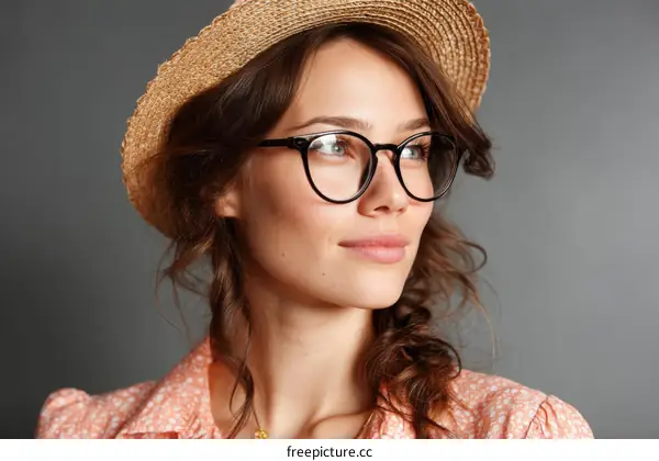 Close-up Portrait of a Woman in a Straw Hat and Glasses