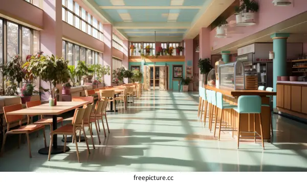 retro cafeteria with pink and blue walls and large windows