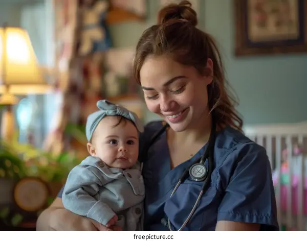 A young female nurse holding a baby