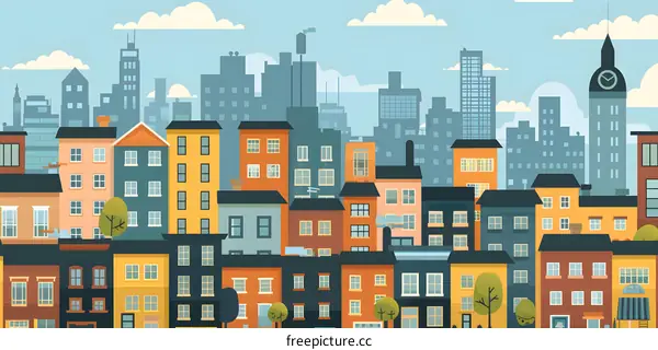 Colorful Cityscape Illustration with Buildings and Clouds