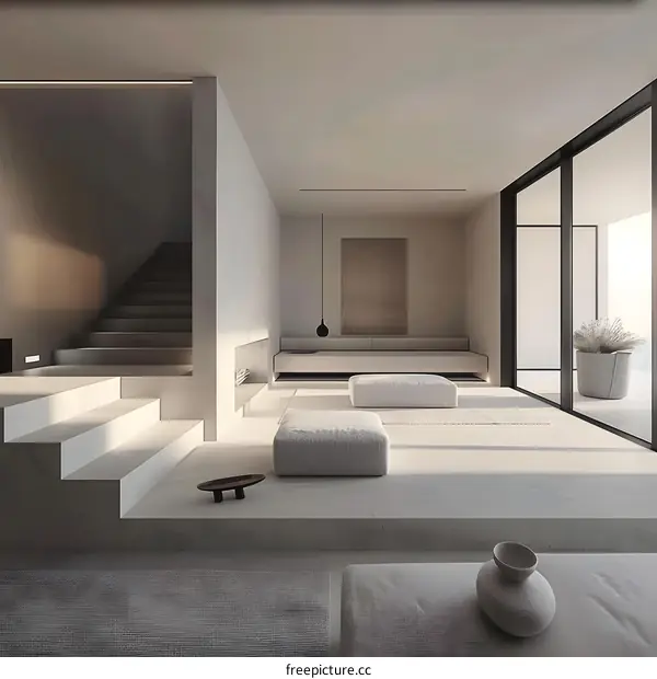 Minimalist Interior Design With Stairs And White Couches