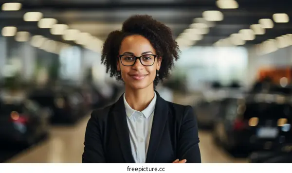 Confident young businesswoman standing in a modern car showroom