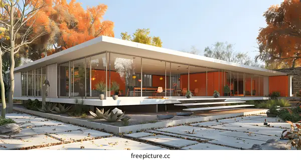 Modern house exterior with large glass windows and an orange interior