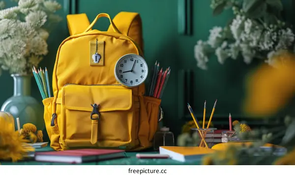 An open yellow backpack with school supplies against a green background