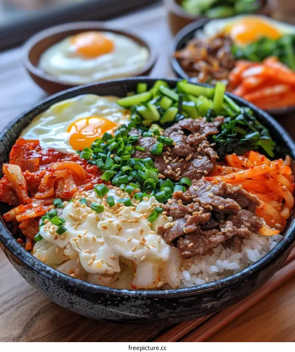 Mouthwatering Korean Bibimbap with Kimchi, Spinach, Egg and Beef