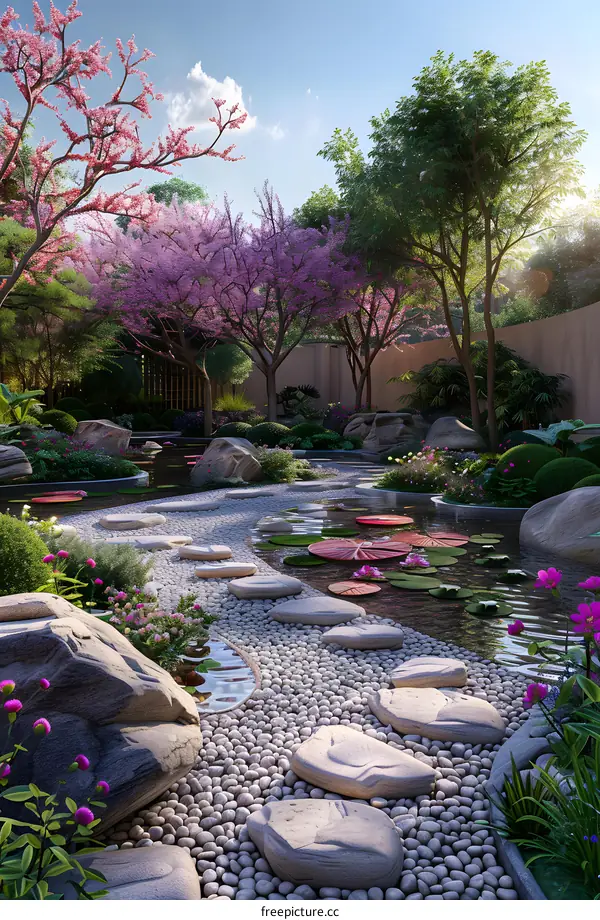 Japanese Garden with Pink Trees and Stepping Stones