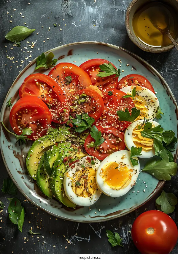 Healthy Avocado, Tomato, and Egg Salad with Fresh Herbs and Spices