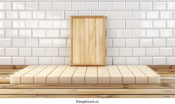White Tile Wall With Wooden Frame And Platform
