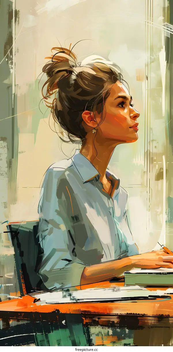 A painting of a woman wearing a blue shirt is sitting at a desk and writing in a book.