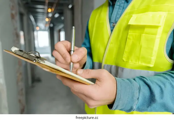 Construction Worker Taking Notes on Clipboard in a Building Site