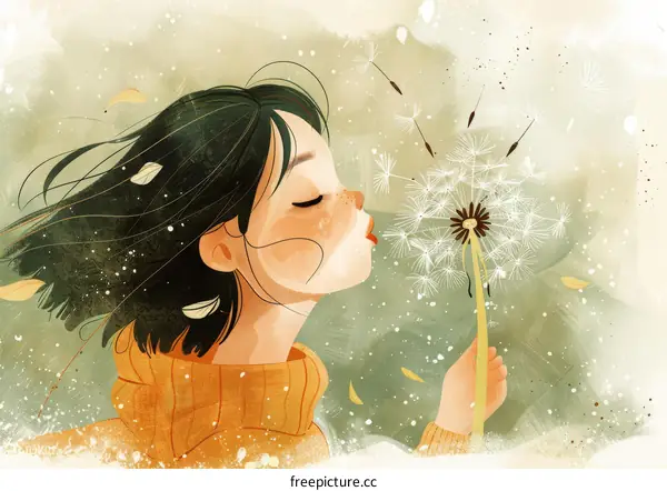 Cute little girl blowing a dandelion flower outdoor portrait