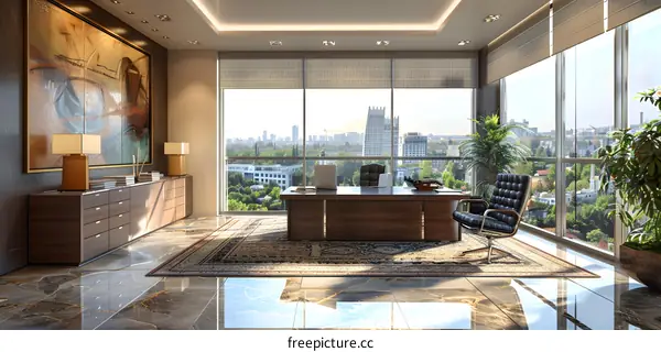 Modern office interior with large windows and a city view