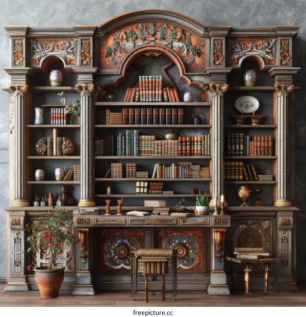 Vintage Library with Ornate Bookshelves and Desk