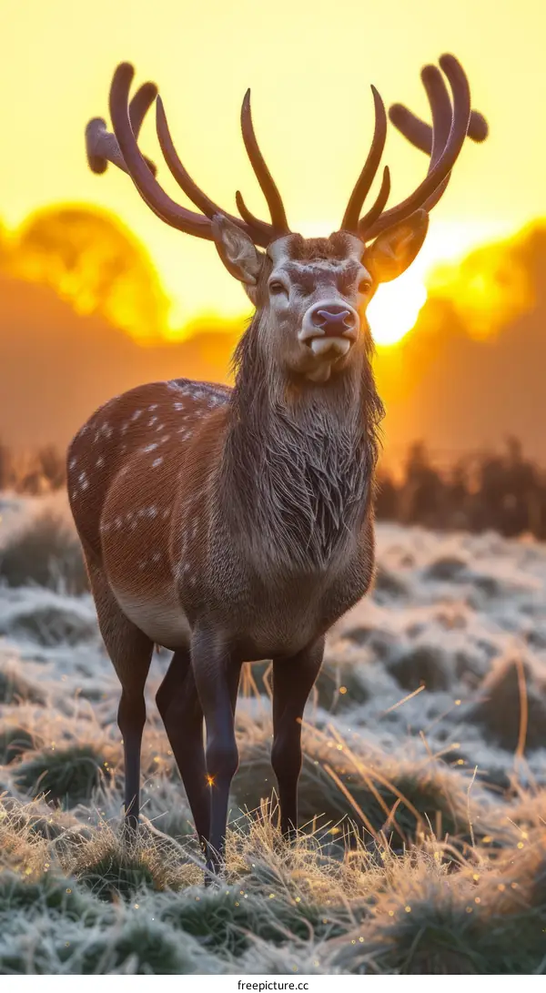 A majestic deer stands in a field of grass at sunrise