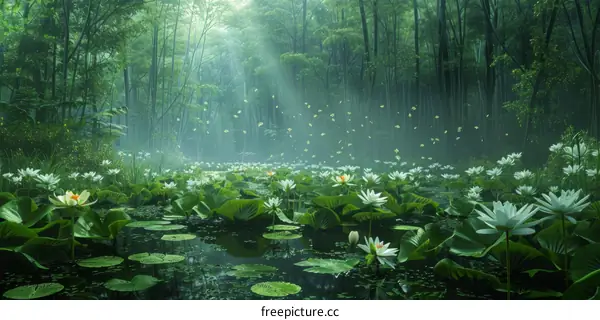 Misty Morning in a Bamboo Forest with Lotus Pond