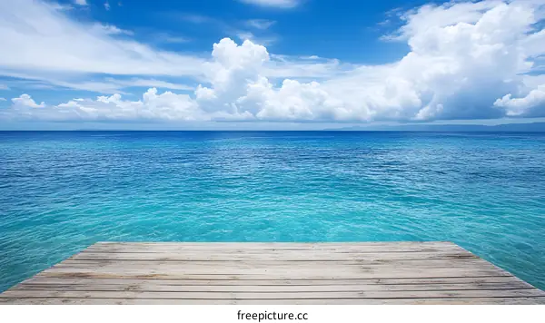 Wooden Dock Overlooking the Blue Ocean with Clouds in the Sky