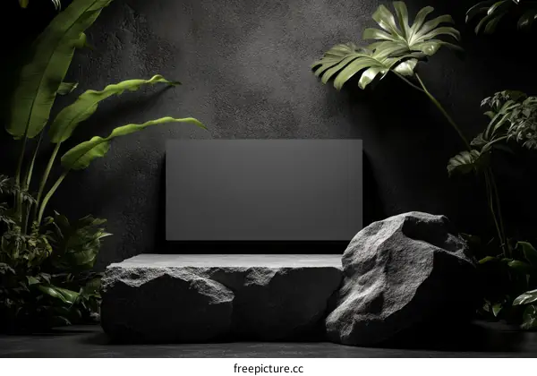 Dark Stone Platform with Plants and Blank Display