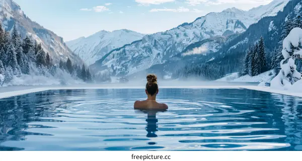 woman in a pool with a view of the snow capped mountains