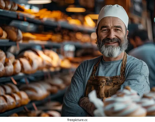 A baker standing in a bakery with a toothy smile on his face