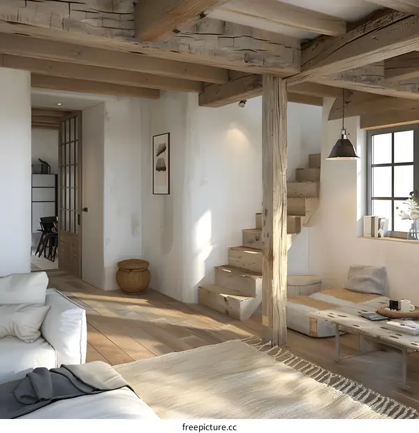 Rustic living room interior with wooden stairs